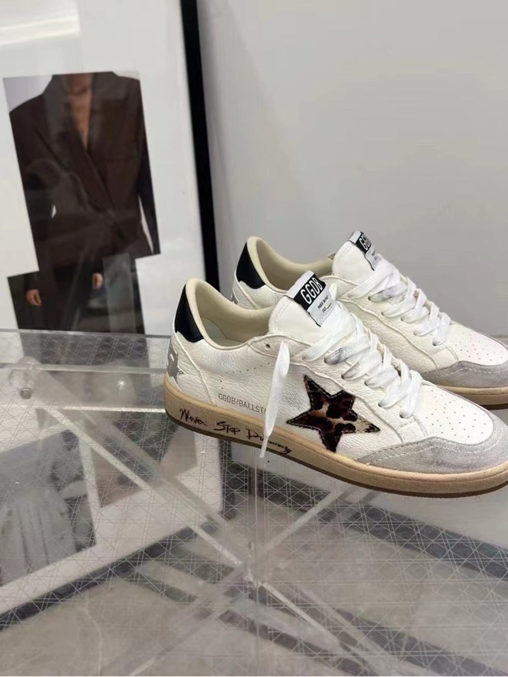 Golden Goose White Leather Sneakers with Leopard Star and Black Heel